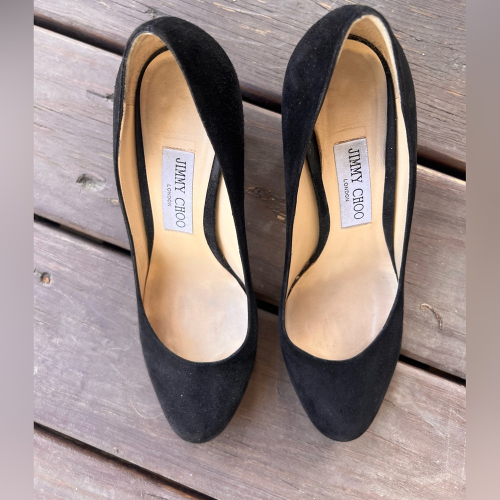 Jimmy Choo black suede pumps block heel, almond toe